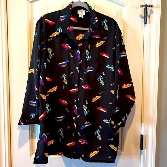 Vintage all over novelty shoe print button down tunic top Emily in Paris SATC 1X - Picture 1 of 10
